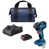 Atornillador de impacto Bosch GDR18V-1800 HD, cargador, batería de 18V 2Ah y maletín de transporte.