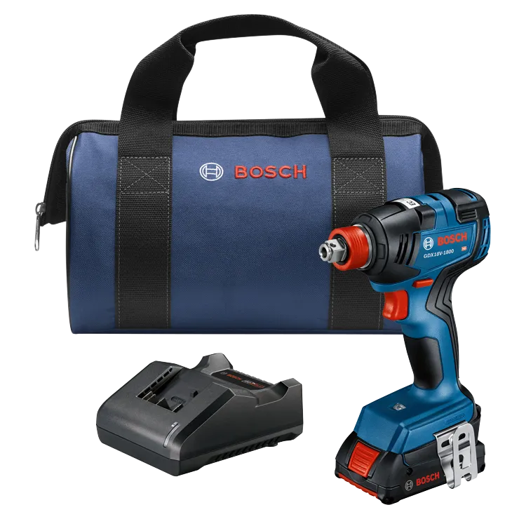 Kit atornillador de impacto Bosch GDX18V-1800 HD, bolsa de transporte y cargador.