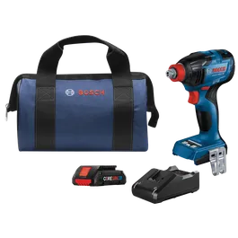 Bosch GDX18V-1860C HD atornillador de impacto con motor sin escobillas, batería CORE18V de 4 Ah, cargador y bolsa azul.