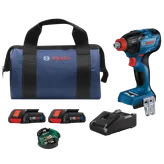 Bosch GDX18V-1860C HD atornillador de impacto con motor sin escobillas, baterías CORE18V.4Ah, cargador y una bolsa azul con el logotipo "BOSCH".