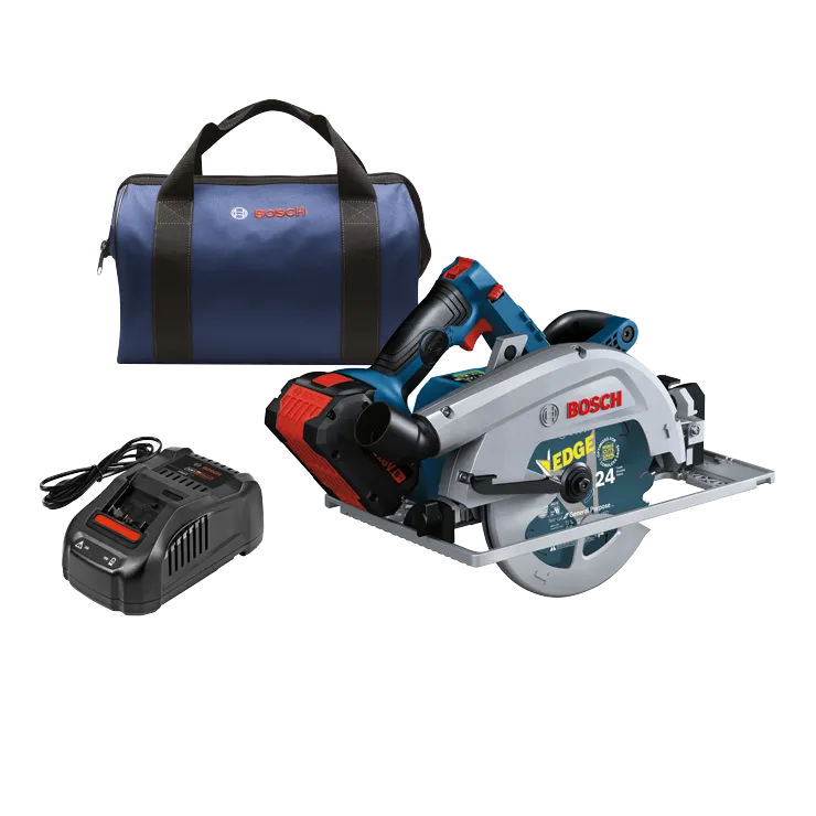 Sierra circular inalámbrica Bosch, cargador y bolsa. La sierra tiene impreso "EDGE" y "24 Teeth", y el cargador está marcado "AMP Share FAST". La bolsa tiene el logotipo "Bosch".