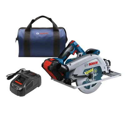 Sierra circular inalámbrica Bosch, cargador y bolsa. La sierra tiene impreso "EDGE" y "24 Teeth", y el cargador está marcado "AMP Share FAST". La bolsa tiene el logotipo "Bosch".