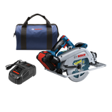 Sierra circular inalámbrica Bosch, cargador y bolsa. La sierra tiene impreso "EDGE" y "24 Teeth", y el cargador está marcado "AMP Share FAST". La bolsa tiene el logotipo "Bosch".