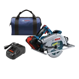 Sierra circular inalámbrica Bosch, cargador y bolsa. La sierra tiene impreso "EDGE" y "24 Teeth", y el cargador está marcado "AMP Share FAST". La bolsa tiene el logotipo "Bosch".