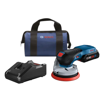 Kit lijadora inalámbrica Bosch con lijadora, bolsa y cargador.