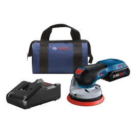 Kit lijadora inalámbrica Bosch con lijadora, bolsa y cargador.