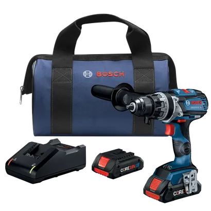 Bosch GSB18V-975C HD taladro con bolsa azul, un cargador y una batería CORE18V 4Ah.