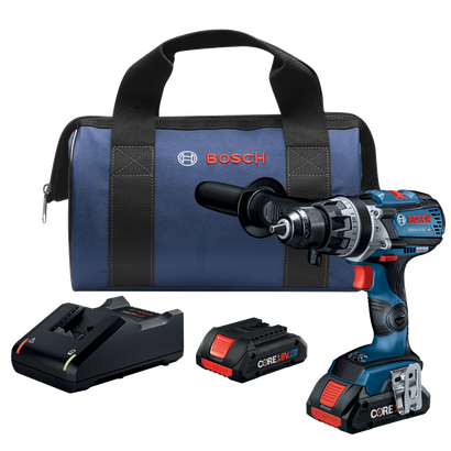 Bosch GSB18V-975C HD taladro con bolsa azul, un cargador y una batería CORE18V 4Ah.
