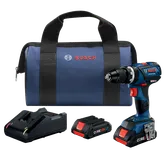 Taladro Bosch GSB18V-535C, batería CORE18V 4Ah, cargador y una bolsa azul con el logotipo de Bosch.