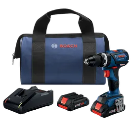 Taladro Bosch GSB18V-535C, batería CORE18V 4Ah, cargador y una bolsa azul con el logotipo de Bosch.