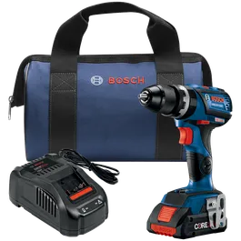 Aquí está la traducción:

Bosch GSB18V-535C taladro percutor a batería con cargador y bolsa de transporte. El texto visible incluye "BOSCH", "CORE", "AMP", "Share" y "FAST".