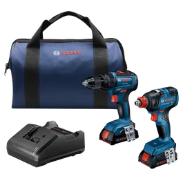 Juego de herramientas Bosch que incluye una bolsa, dos taladros atornilladores a batería (GSB18V-490, GDX18V-1800) y un cargador.