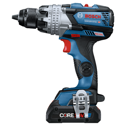 Bosch GSR18V-975C HD taladro con motor EC sin escobillas. Texto visible: "CORE 18V Ah".