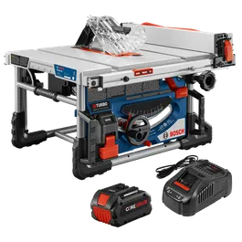 Sierra de mesa Bosch GTS18V-08, con batería CORE18V de 8 Ah y cargador.