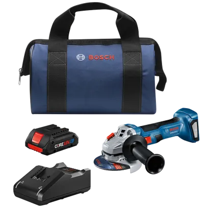 Bosch GWS18V-8 amoladora angular sin escobillas, batería CORE18V, cargador y bolsa.