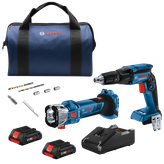 Bolsa azul Bosch, taladro Bosch GTB18V-45 HD, herramienta GCU18V-30, baterías CORE18V y accesorios.