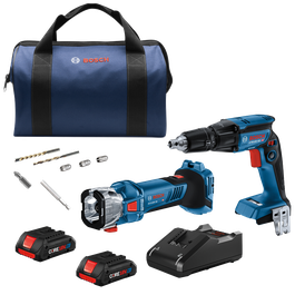 Bolsa azul Bosch, taladro Bosch GTB18V-45 HD, herramienta GCU18V-30, baterías CORE18V y accesorios.