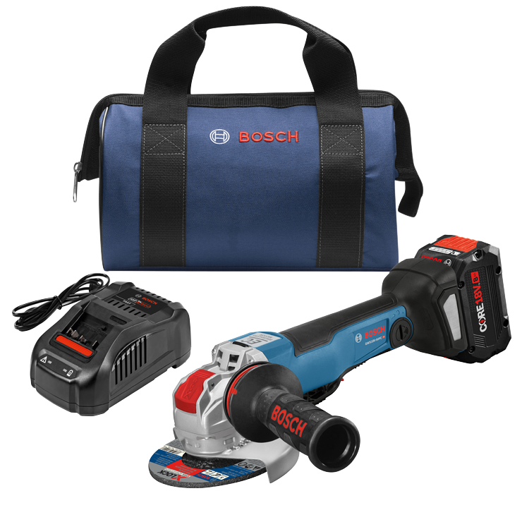 Bosch GWX18V-50PC HD amoladora angular con batería CORE18V de 8 Ah, cargador y bolsa azul con el logotipo "BOSCH".