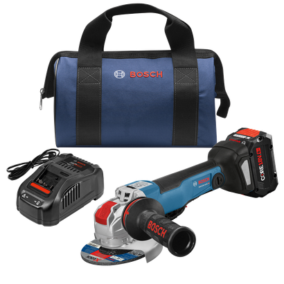 Bosch GWX18V-50PC HD amoladora angular con batería CORE18V de 8 Ah, cargador y bolsa azul con el logotipo "BOSCH".