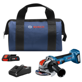 Bosch GWX18V-8 amoladora angular a batería, batería Bosch CORE18V 4 Ah, cargador y una bolsa azul con el logotipo de Bosch.