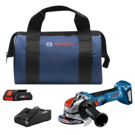 Bosch GWX18V-8 amoladora angular a batería, batería Bosch CORE18V 4 Ah, cargador y una bolsa azul con el logotipo de Bosch.