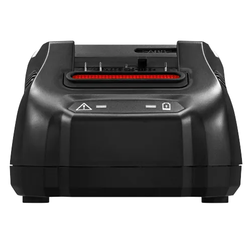 Cargador de batería negro con texto visible "PAG6G(25-TPE<" e iconos de advertencia y batería.