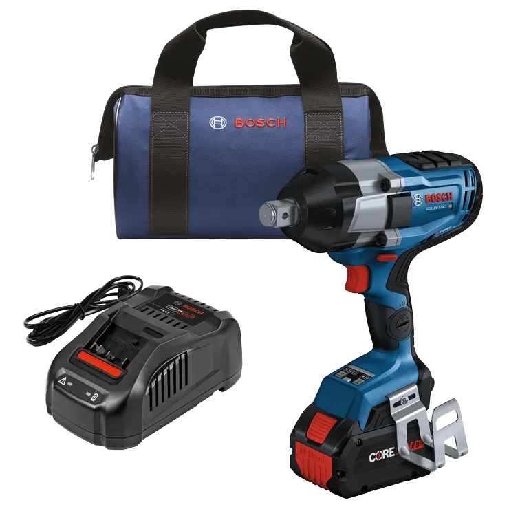 Bosch GDS18V-770C Llave de impacto HD, cargador y bolsa. La llave de impacto tiene la palabra "BITURBO BRUSHLESS" impresa en ella.