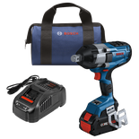 Bosch GDS18V-770C Llave de impacto HD, cargador y bolsa. La llave de impacto tiene la palabra "BITURBO BRUSHLESS" impresa en ella.
