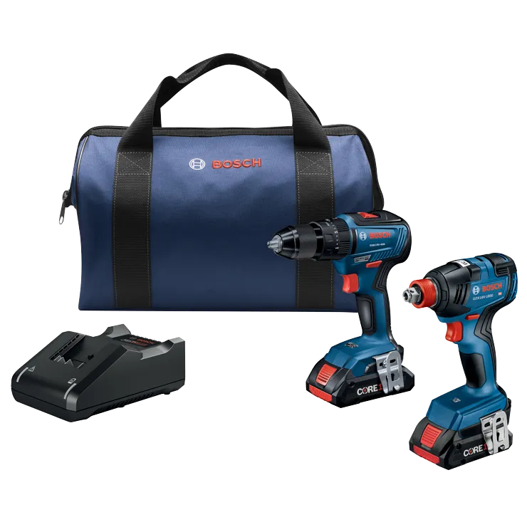 Kit de taladro/atornillador Bosch, GSB18V-490, GDX18V-1800 HD, CORE1, con bolsa y cargador.
