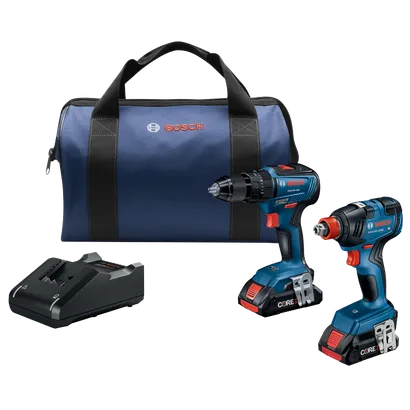 Kit de taladro/atornillador Bosch, GSB18V-490, GDX18V-1800 HD, CORE1, con bolsa y cargador.