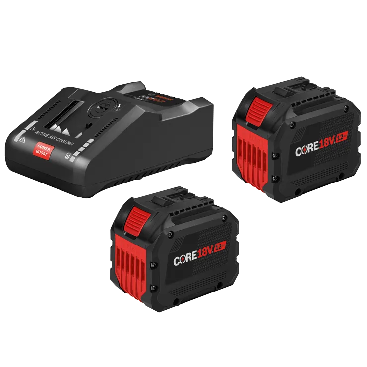 Cargador de batería Bosch 18V y dos baterías CORE18V de 12Ah. El cargador cuenta con "ACTIVE AIR COOLING" y "POWER BOOST".