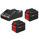 Cargador de batería Bosch 18V y dos baterías CORE18V de 12Ah. El cargador cuenta con "ACTIVE AIR COOLING" y "POWER BOOST".