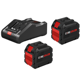 Cargador de batería Bosch 18V y dos baterías CORE18V de 12Ah. El cargador cuenta con "ACTIVE AIR COOLING" y "POWER BOOST".