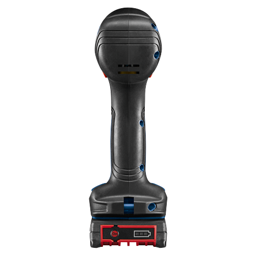 Herramienta eléctrica Bosch negra y azul con batería y botón de "Encendido".