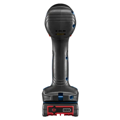 Herramienta eléctrica Bosch negra y azul con batería y botón de "Encendido".