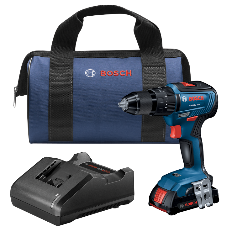 Bosch GSB18V-490 taladro percutor sin escobillas y bolsa con cargador.