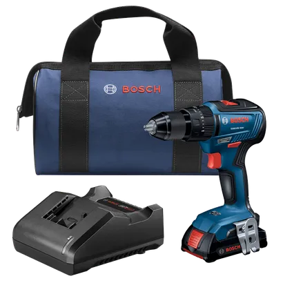 Bosch GSB18V-490 taladro percutor sin escobillas y bolsa con cargador.