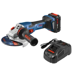 Bosch GWS18V-13C HD amoladora angular con batería CORE18V 8Ah y cargador. Cargador con "AMP Share!", "FAST" visible.