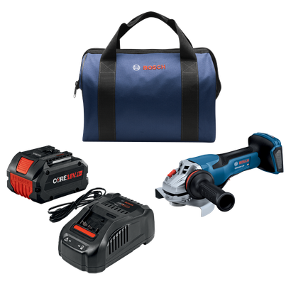 Bosch GWS18V-13P amoladora angular a batería, cargador, batería CORE18V de 8.0 Ah y bolsa de herramientas.