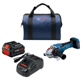 Bosch GWS18V-13P amoladora angular a batería, cargador, batería CORE18V de 8.0 Ah y bolsa de herramientas.