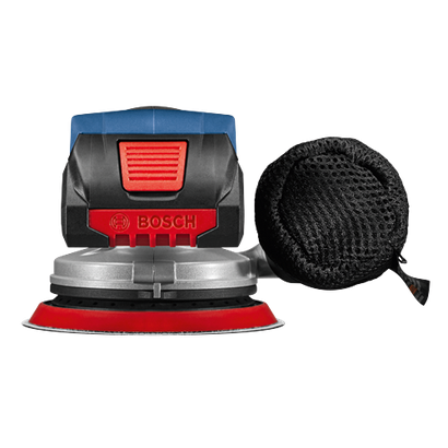 Lijadora eléctrica Bosch con bolsa para polvo de malla negra.