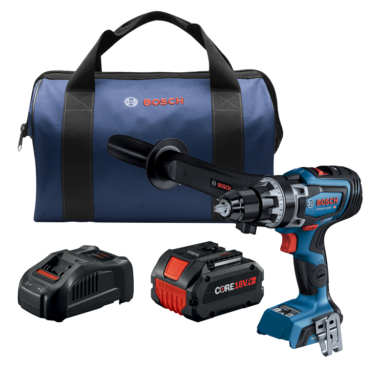 Bosch GSR18V-1330C HD taladro inalámbrico con bolsa, dos baterías y cargador. La bolsa tiene un logotipo de Bosch y el taladro indica "TURBO BRUSHLESS".