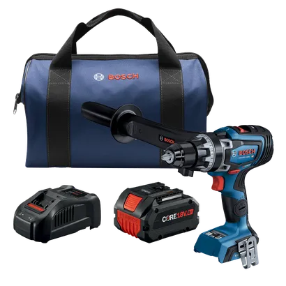 Bosch GSR18V-1330C HD taladro inalámbrico con bolsa, dos baterías y cargador. La bolsa tiene un logotipo de Bosch y el taladro indica "TURBO BRUSHLESS".