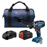 Bosch GSR18V-1330C HD taladro inalámbrico con bolsa, dos baterías y cargador. La bolsa tiene un logotipo de Bosch y el taladro indica "TURBO BRUSHLESS".