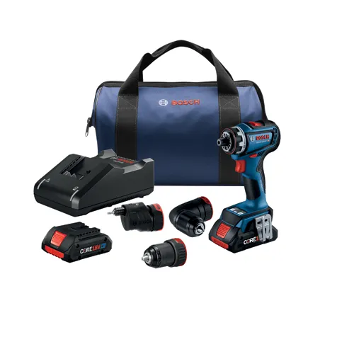 Bosch GSR18V-800FC HD taladro con batería CORE18V, cargador, bolsa y accesorios.