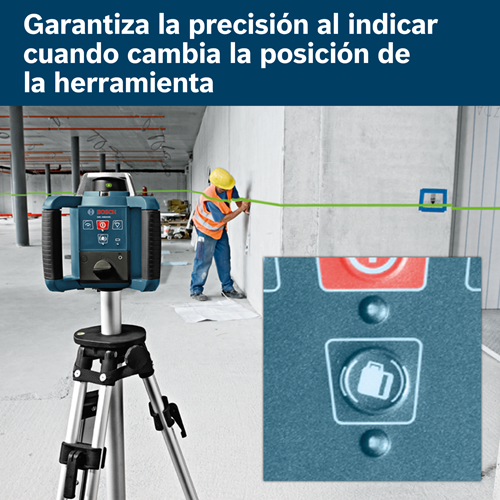 Nivel láser Bosch, trípode y un trabajador con chaleco naranja, utilizando una línea láser verde.