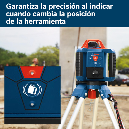 Garantiza la precisión al indicar cuándo cambia la posición de la herramienta. Nivelador Bosch Professional GRL1000-20HVK sobre trípode con parte superior roja y base azul con marcas rojas y blancas, y un recuadro separado con un icono blanco sobre un fondo azul.