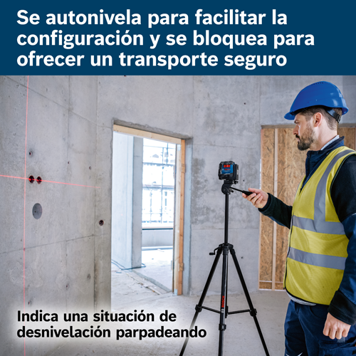 Nivelación automática para una fácil configuración y bloqueos para un transporte seguro. Indica la condición de desnivelación mediante parpadeo. Hombre con barba y casco de seguridad opera un nivel láser Bosch sobre un trípode.