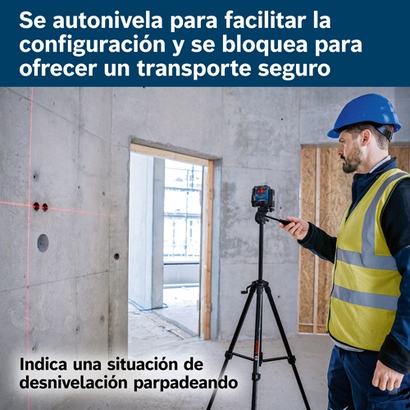 Nivelación automática para una fácil configuración y bloqueos para un transporte seguro. Indica la condición de desnivelación mediante parpadeo. Hombre con barba y casco de seguridad opera un nivel láser Bosch sobre un trípode.
