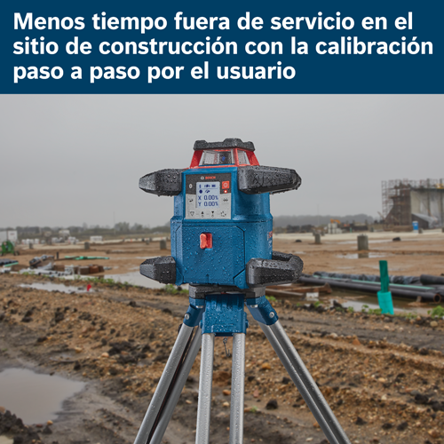 Nivelador Bosch en trípode con texto "Menos tiempo de inactividad en la obra con calibración paso a paso por el usuario". La pantalla muestra X 0.00%, Y 0.00%.